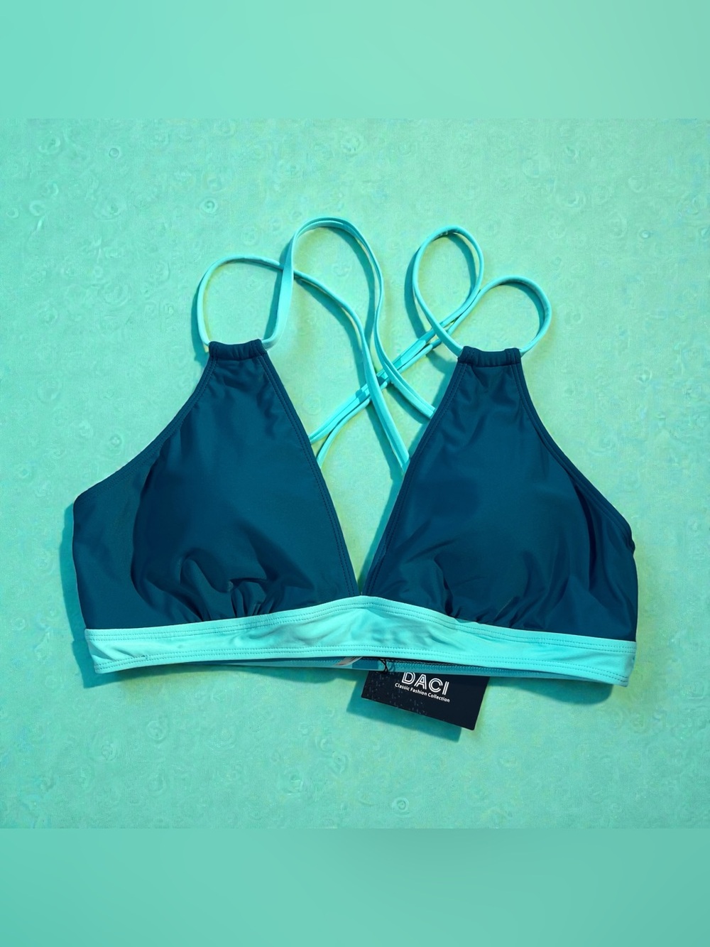 Daci Teal Aqua Blue Colorblock Halter Bikini Top Strappy Criss Cross XL NWT